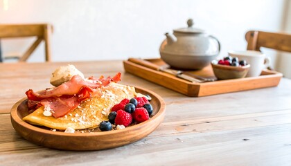 Breakfast crepe with berries, bacon, and ice cream