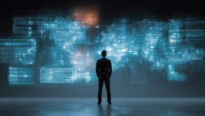 Man observes global data network visualization