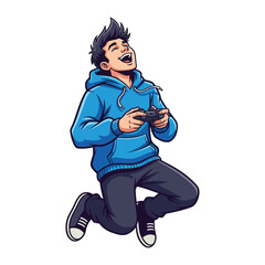 Enthusiastic Gamer's Leap: A joyous young man, absorbed in his video game, experiences the thrill of virtual victory. Exuding exuberance, he levitates in pure, digital ecstasy.