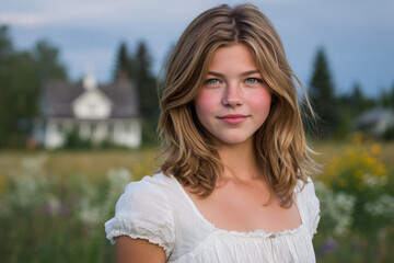 Naklejka premium confident teenager glances over their shoulder at ancient village bathed in golden light of sunset