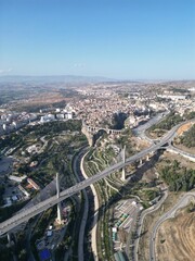 Aerial photo of bridges connecting lands and old buildings in constantine algeria	