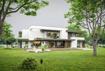 3d rendering of two-story house with parking and pool for sale or rent with concrete facade and beautiful landscaping. Cloudy white sky overcast, soft shadows