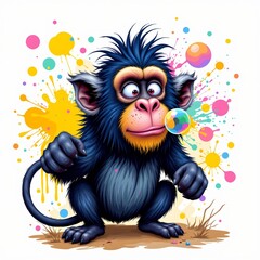 a magical baboon blowing bubbles, in a vibrant cartoon style with paint splashes on a white background.