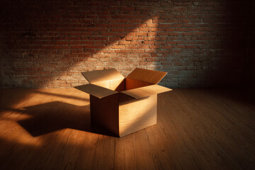 Open cardboard box in an empty room with warm lighting against a red brick wall, ready to be filled.