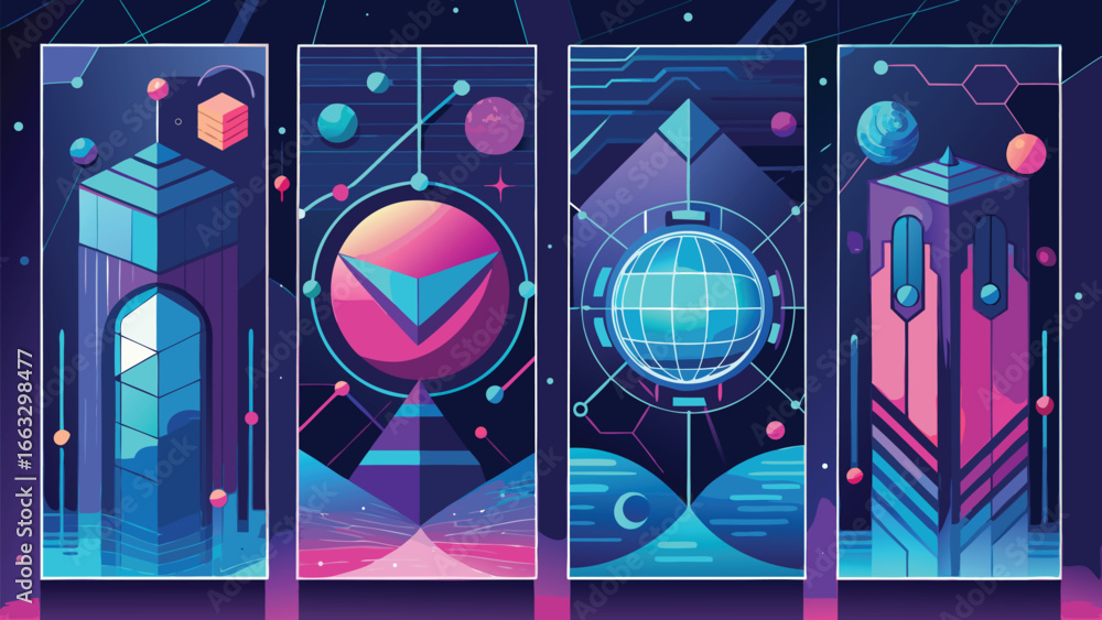 Poster four abstract backgrounds featuring a variety of colors and patterns, showcasing different artistic 