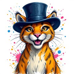 a friendly cougar wearing a top hat, in a vibrant cartoon style with paint splashes on a white background.
