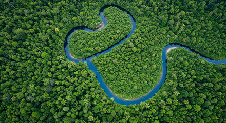 Aerial view reveals a winding river carving through a dense, verdant forest, creating a unique, natural shape amidst the lush canopy, showcasing the beauty of nature.