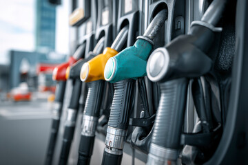 Close-up of colorful fuel pump nozzles at a filling station, providing gasoline, petrol, or diesel.