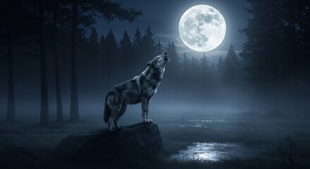 A wolf stands on a rock howling at a full moon in a dark forest