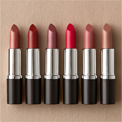 Fototapeta premium A collection of elegant lipsticks in nude and pink shades arranged neatly on beige background, minimalistic beauty product, perfect for beauty, fashion, makeup, and skincare projects.