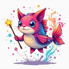 a magical catfish holding a magic wand, in a vibrant cartoon style with paint splashes on a white background.