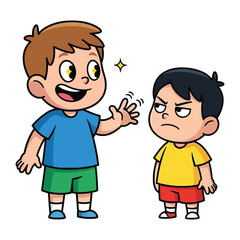 Cheerful Greeting vs. Resentful Stance: A cartoon depiction of two young boys captures a moment of interaction, the first radiating positivity and the second clearly displeased.