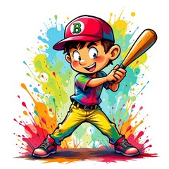 a colorful bard playing baseball, in a vibrant cartoon style with paint splashes on a white background.