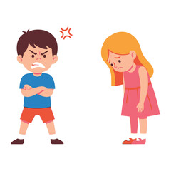 Conflict Illustration: A visual depiction of childhood conflict shows an angry boy confronting a sad girl, with visual cues indicating their differing emotional states.