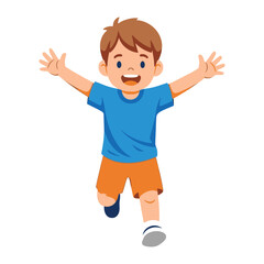 Joyful Running Boy: A cheerful young boy sprints with open arms, his animated smile radiating happiness and carefree energy, embodying the essence of pure delight.