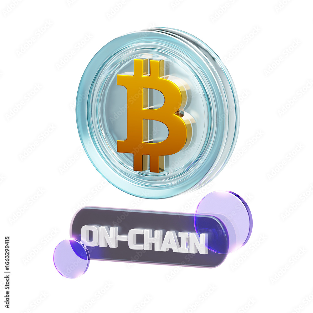 Poster 3d render of a golden bitcoin symbol within a clear coin, floating above an 'on-chain' text bar with