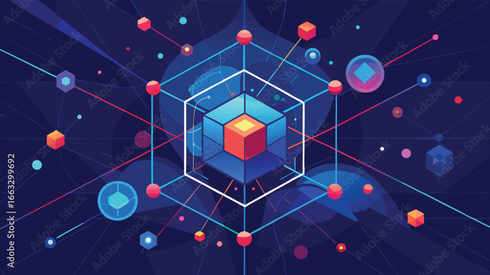 Poster a digital connectivity backdrop showcasing a red dot and a blue dot, illustrating connections within