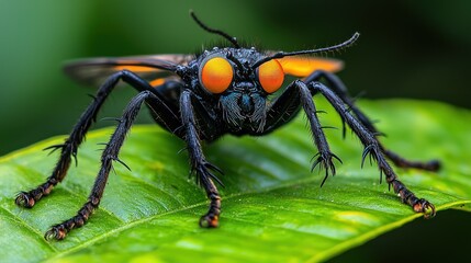 Fototapeta premium Close-up of a striking black insect with vibrant orange eyes, perched on a lush green leaf. Detailed view of its spiny legs and intricate body structure