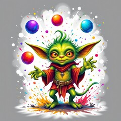 a sparkling goblin juggling colorful balls, in a vibrant cartoon style with paint splashes on a white background.