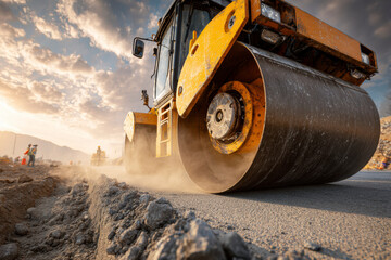 Fototapeta premium Road Roller Compacting Surface: Heavy machinery flattens ground, dust flying, construction crew visible in background.