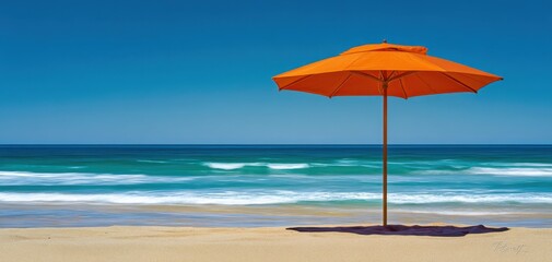 The vibrant orange umbrella shading a sandy beach under a clear blue sky.