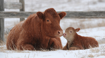 Fototapeta premium A brown cow and calf resting in the snow near a wooden fence on a winter day outdoors