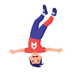 Joyful Inversion: A young, happy person performs a delightful inversion, suspended upside down in a display of pure delight and playful energy, evoking the spirit of gymnastics.