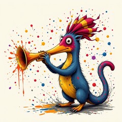 a magical anteater blowing a trumpet, in a vibrant cartoon style with paint splashes on a white background.