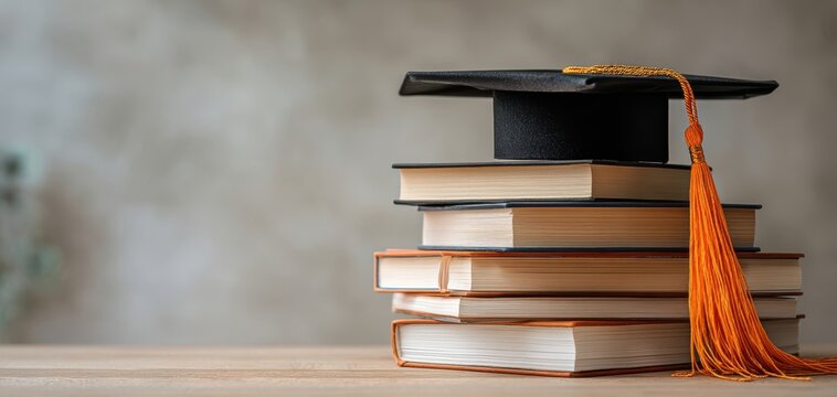 The graduation cap resting atop a stack of books on a wooden desk.