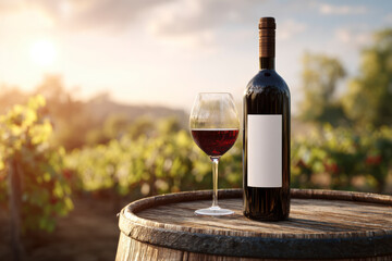 Fototapeta premium Wine bottle and glass on barrel against vineyard backdrop. A toast to nature's bounty and good times.
