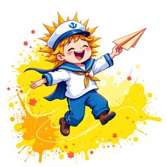 a sparkling solar sailor flying a paper airplane, in a vibrant cartoon style with paint splashes on a white background.