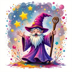 a magical wizard catching falling stars, in a vibrant cartoon style with paint splashes on a white background.