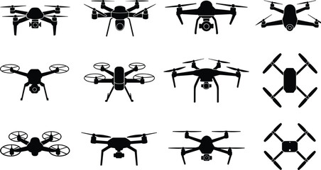Collection of black drone silhouettes, quadcopter front view illustration set, UAV shadow icons for technology, surveillance, and aviation design