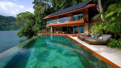 A tropical house with an infinity pool overlooking the ocean, the perfect appointment for rest. Relaxation on the deck with views. Luxurious vacation in a stunning tropical paradise