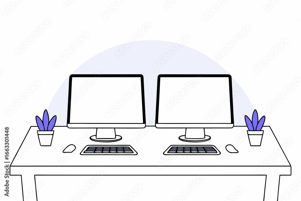 Poster minimalist dual monitor desk setup vector illustration for modern workspace design
