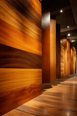 Fototapeta premium Elegant hallway features vertical wooden panels with a rich grain, illuminated by subtle recessed lighting.