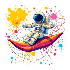 a sparkling astronaut riding a magic carpet, in a vibrant cartoon style with paint splashes on a white background.