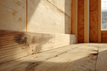 Close-up of wood framing. Sunlight illuminates the construction, emphasizing the texture of the materials.