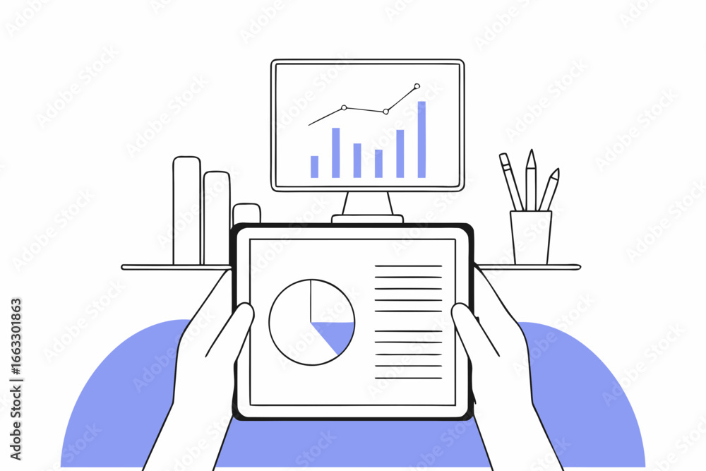 Poster Person analyzing data on tablet and computer with charts and graphs in a clean office setup