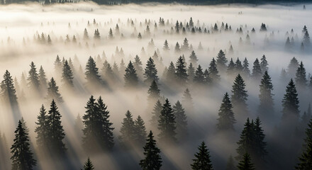 A breathtaking aerial view showcases a dense forest shrouded in a mystical fog, with the sun's rays filtering through the mist, creating an ethereal and serene atmosphere.
