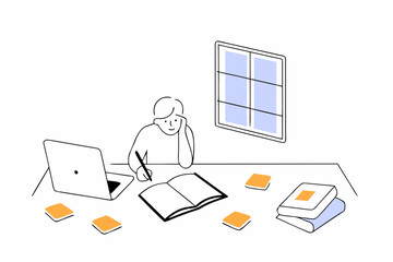 Student studying at desk with sticky notes and laptop illustration for education and learning