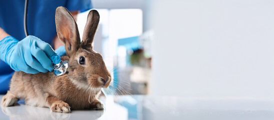 動物病院で獣医さんに聴診器を当てられているかわいいウサギ（A cute rabbit being listened to by a veterinarian with a stethoscope at a veterinary clinic）
