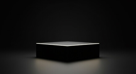 A dramatically lit, square-shaped platform stands prominently against a stark, dark background, creating a sense of mystery and anticipation, ideal for product display.