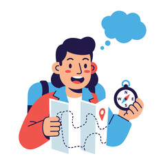 Journey's Guiding Light: An illustrated adventurer gazes at a map while carrying a compass, embodying the spirit of exploration and charting a course forward. 