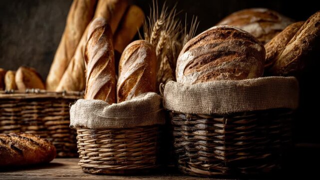 A rustic still life showcases various artisan breads in woven baskets with linen liners. Breads include loaves, baguettes, and round