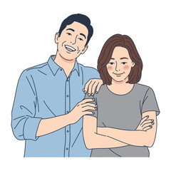 Affectionate Bond: A depiction of a smiling man and a woman side by side, with the man's arm affectionately draped over her shoulder, conveying intimacy and warmth. 
