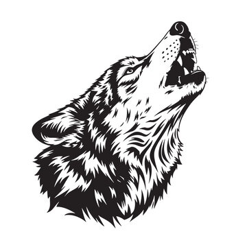 Black and white illustration of a wolf howling at the sky.