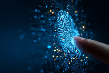 Futuristic fingerprint scan with glowing digital elements representing technology and personal identification.