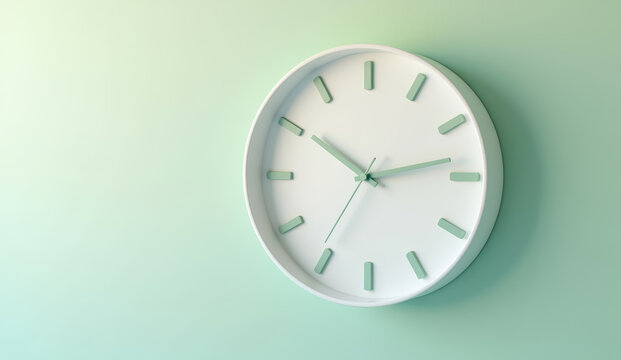 A slim matte white wall clock with mint-green hour hands, photographed straight-on against a pastel wall.