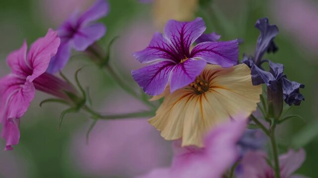 A dreamy, blurred video of colorful flowers in soft focus. The close-up angle creates an abstract, artistic effect with vibrant hues. Live desktop wallpaper.